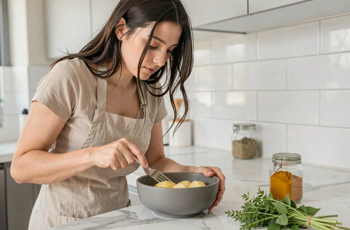 Femme préparant des pommes de terre écrasées aux épices dans une cuisine contemporaine avec herbes fraîches et épices sur le comptoir