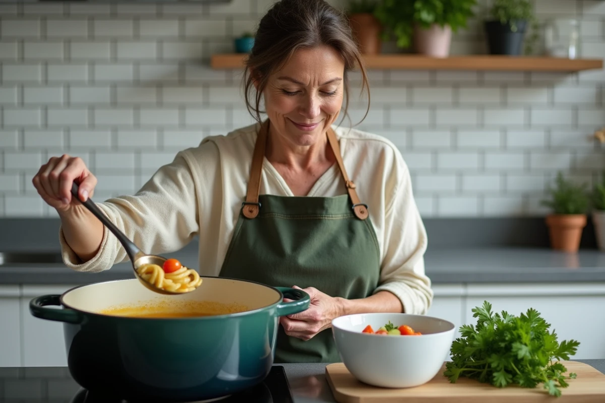 Femme préparant une potée légère dans une cuisine moderne, versant le bouillon dans un bol blanc