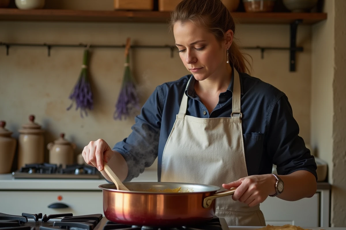 Cuisinière préparant une sauce réduction au vin rouge pour magret de canard dans une cuisine rustique du Sud-Ouest