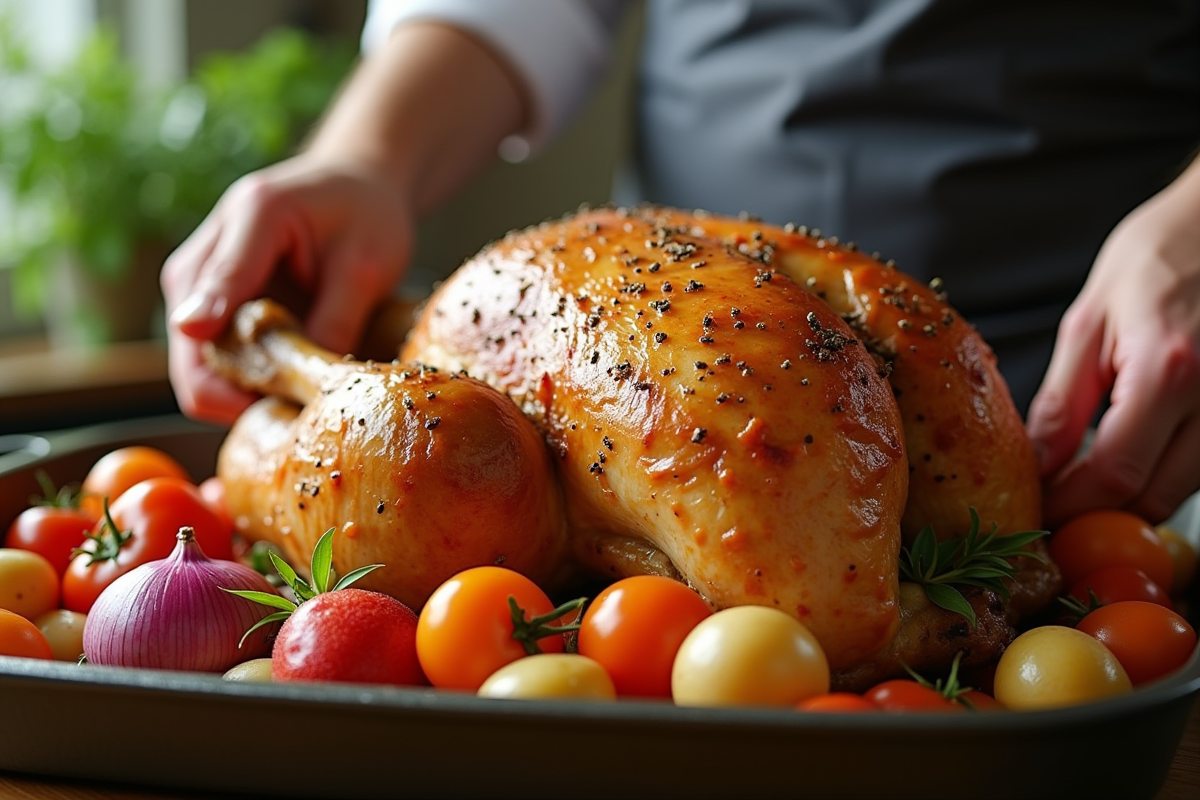 Main du chef disposant légumes autour du poulet en cuisson