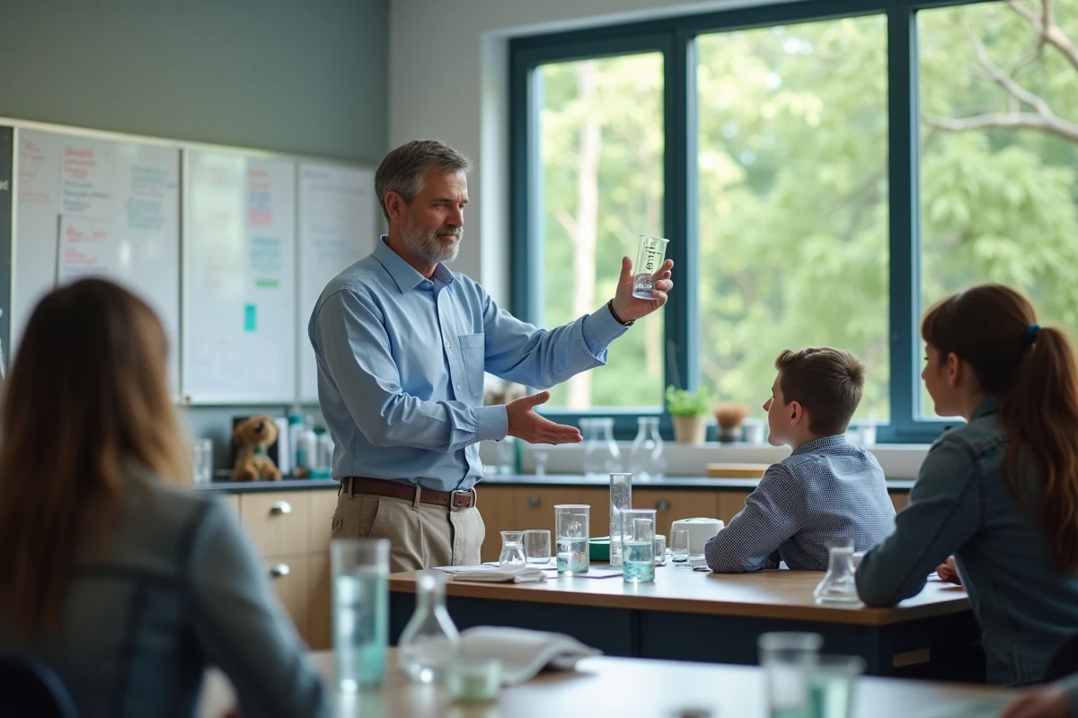 Professeur expliquant un cylindre gradué à des lycéens dans un laboratoire moderne