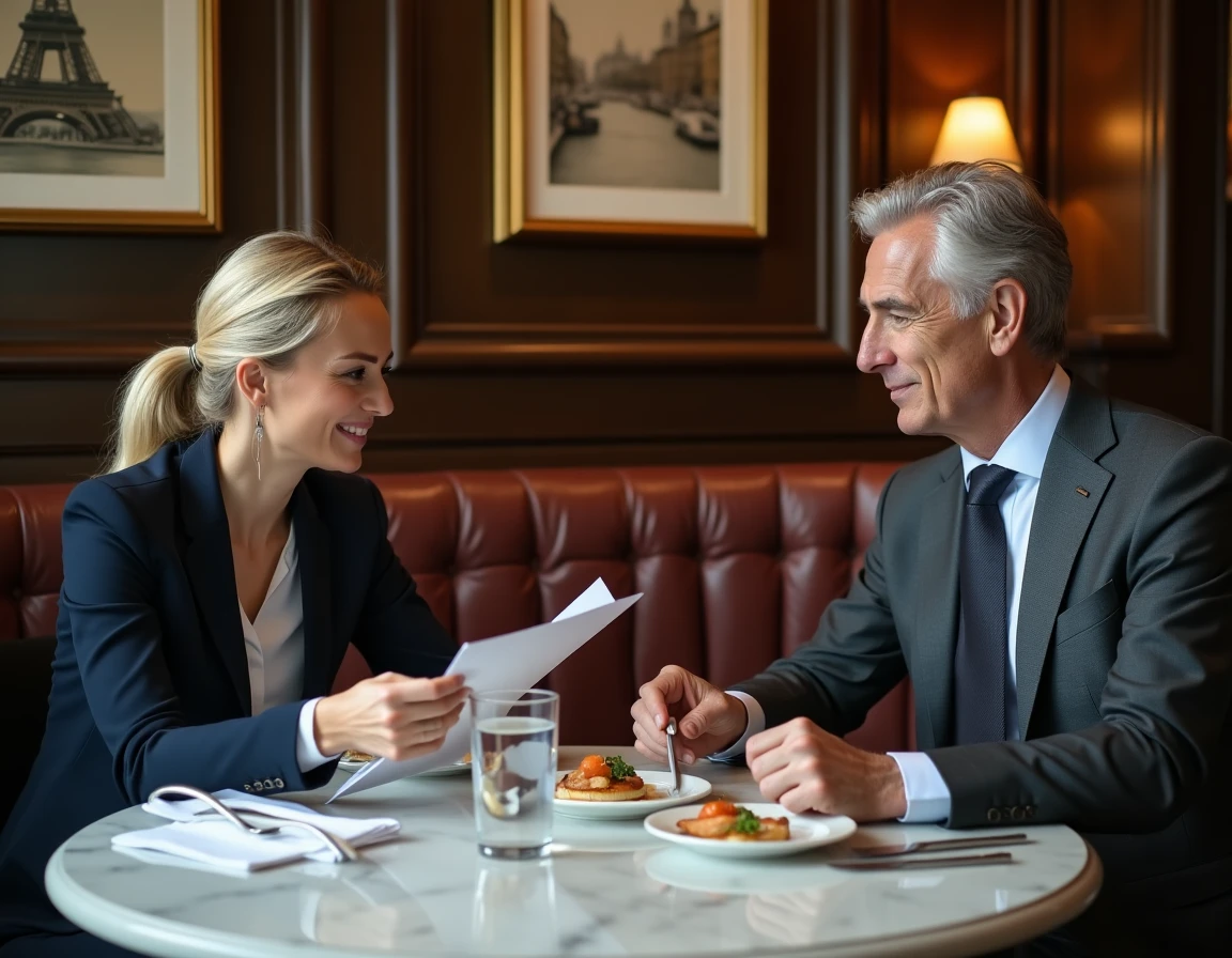 Deux professionnels en tenue d'affaires déjeunant dans une brasserie parisienne huppée, engagés dans une conversation détendue autour d'un repas gastronomique raffiné près de la rue de Rivoli