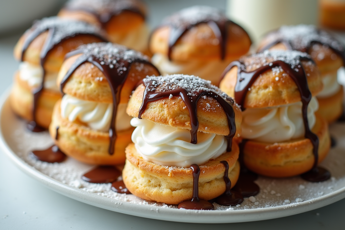 Profiteroles ouverts garnis de glace vanille et chocolat en cuisine lumineuse