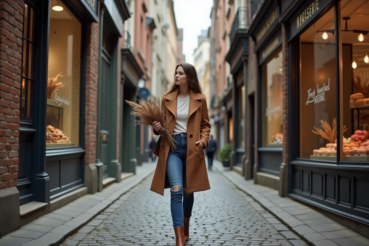 Femme se promenant seule dans une ruelle pavée du Vieux-Lille tenant un bouquet de fleurs séchées, devanture de pâtisserie en arrière-plan
