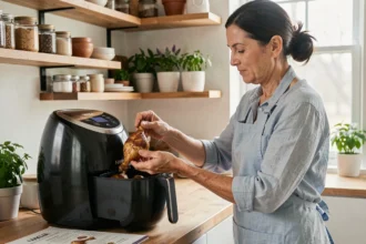 Femme préparant des cuisses de poulet dans une friteuse à air Ninja dans une cuisine familiale chaleureuse