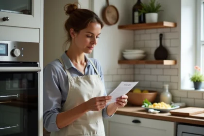 Femme consultant une recette étrangère devant un four réglé à 180°C dans une cuisine française traditionnelle