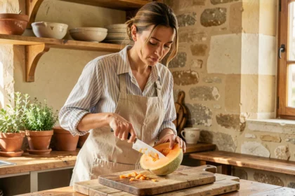 Femme découpant un melon cantaloup mûr sur une planche en bois dans une cuisine rustique ensoleillée