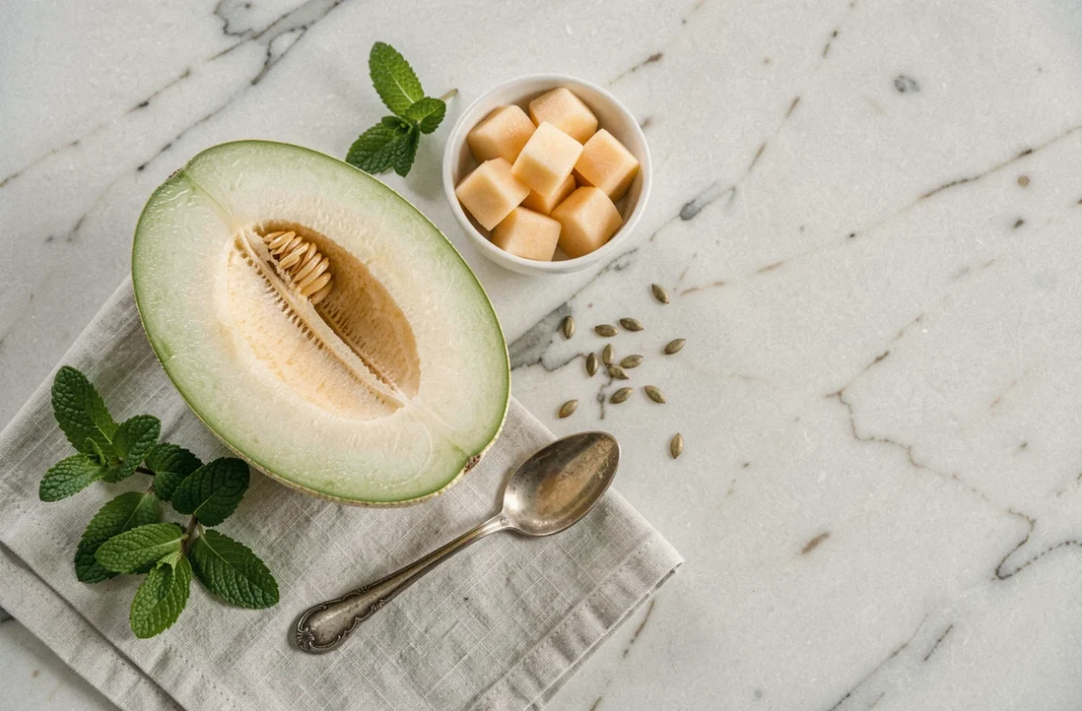 Vue de dessus d'une composition de melon honeydew en boules avec menthe fraîche et cuillère vintage sur marbre