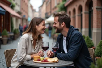 Couple romantique attablé en terrasse dans le Vieux-Lille avec un verre de vin rouge et une planche de charcuterie, façades flamandes en arrière-plan