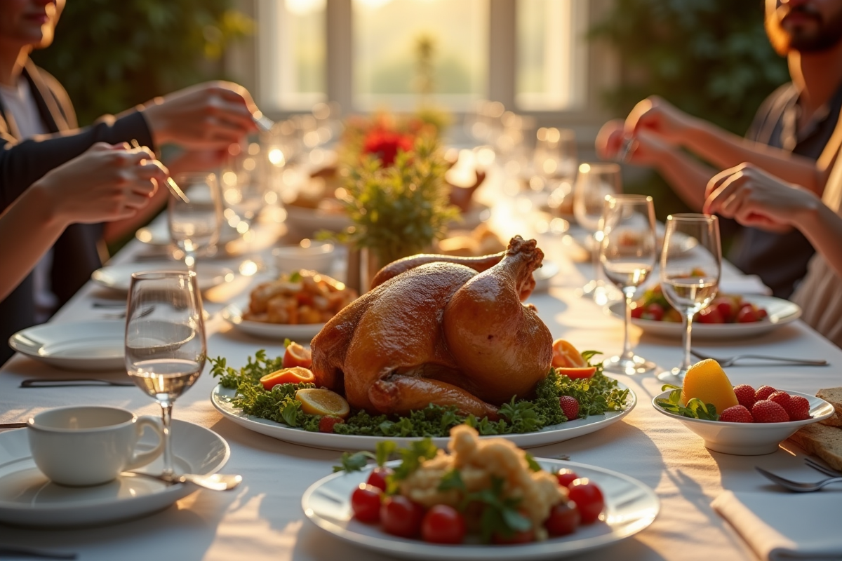 Repas de famille avec poulet doré et plats gourmets