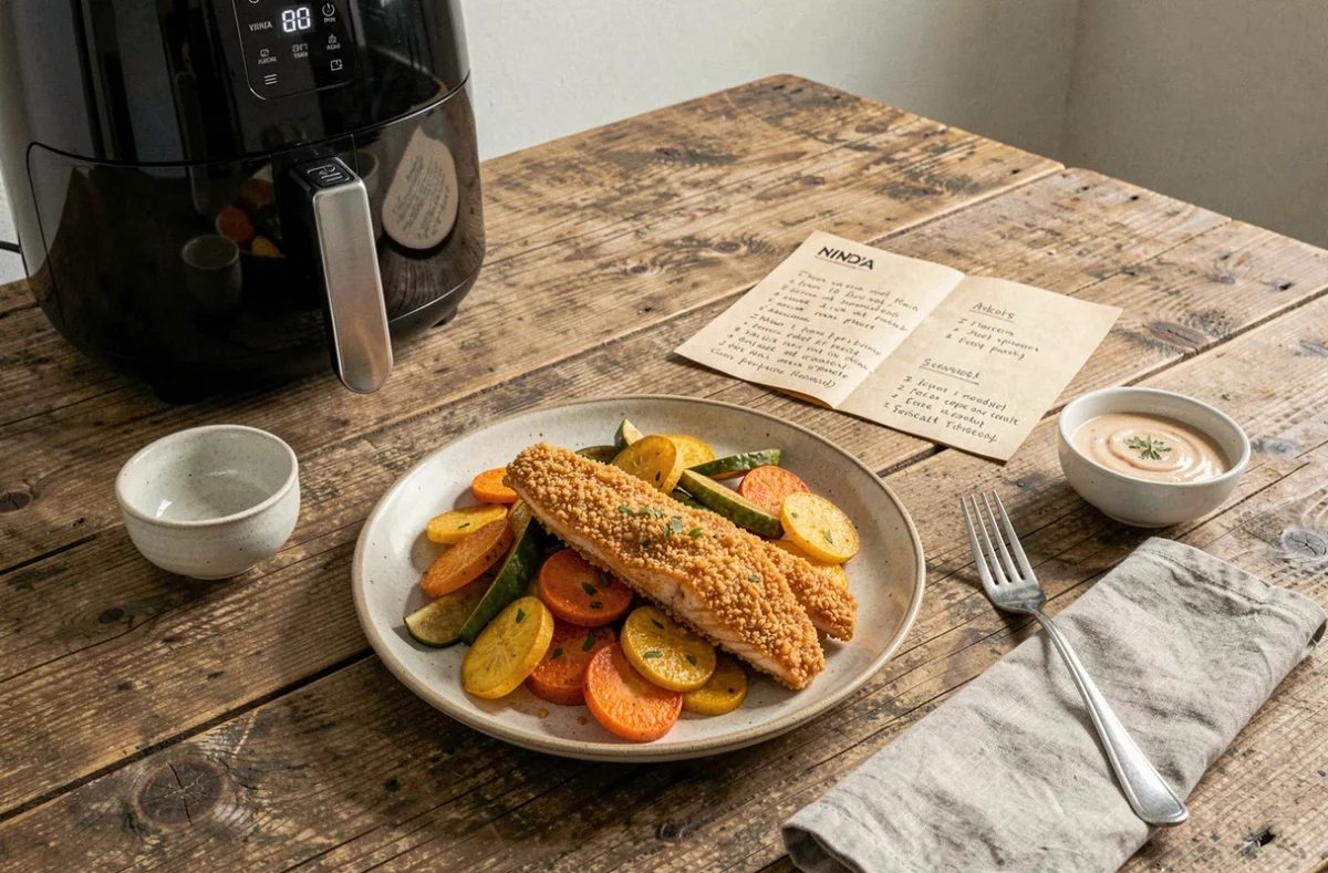 Repas économique de légumes et filets de poisson croustillants cuits à l'air fryer Ninja servis sur table familiale