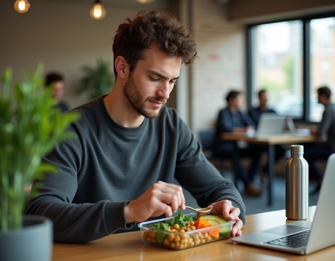 Homme ouvrant sa lunch box saine au bureau dans un espace de coworking moderne