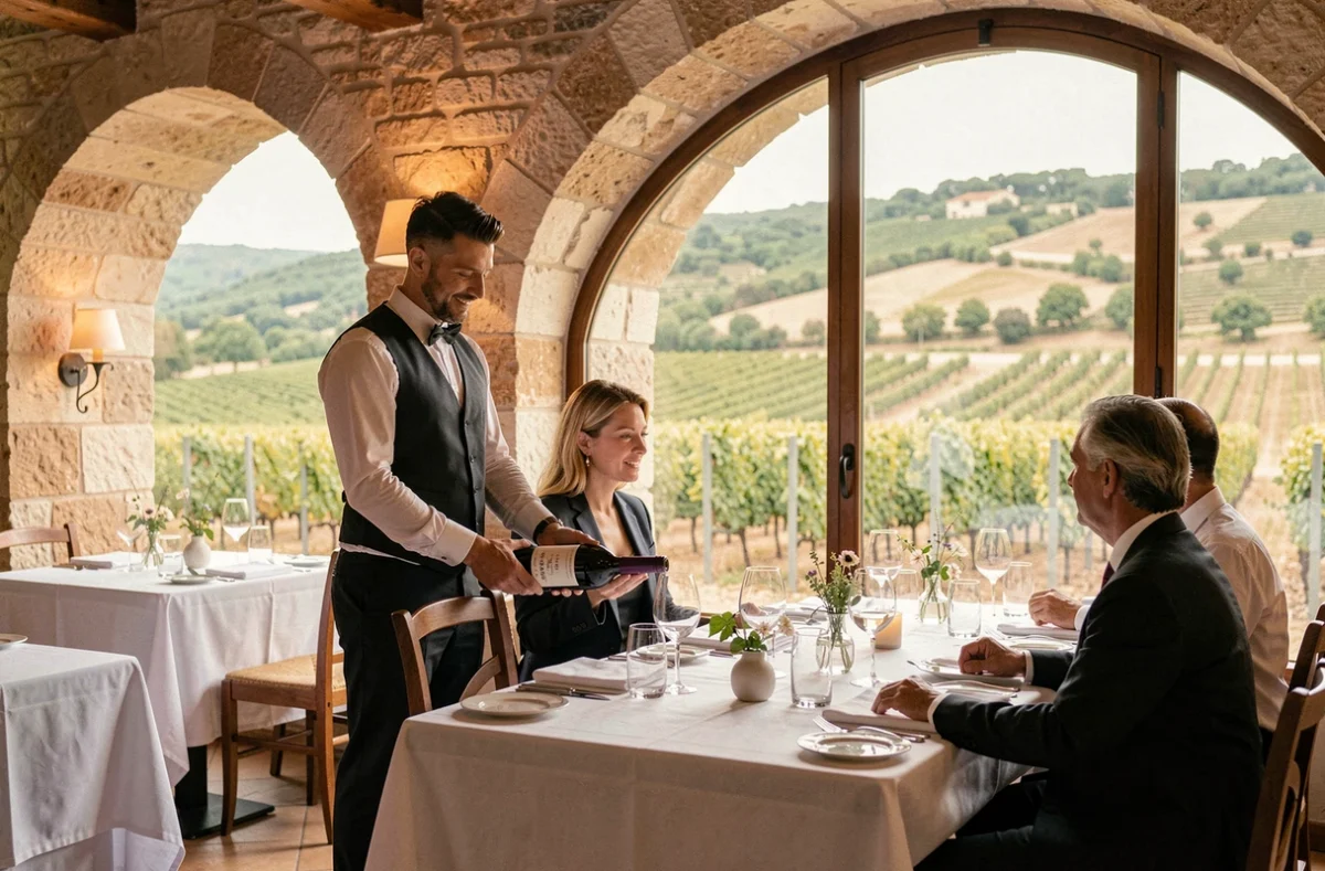 Salle de restaurant étoilé au Castellet avec vue sur les vignes provençales et service raffiné