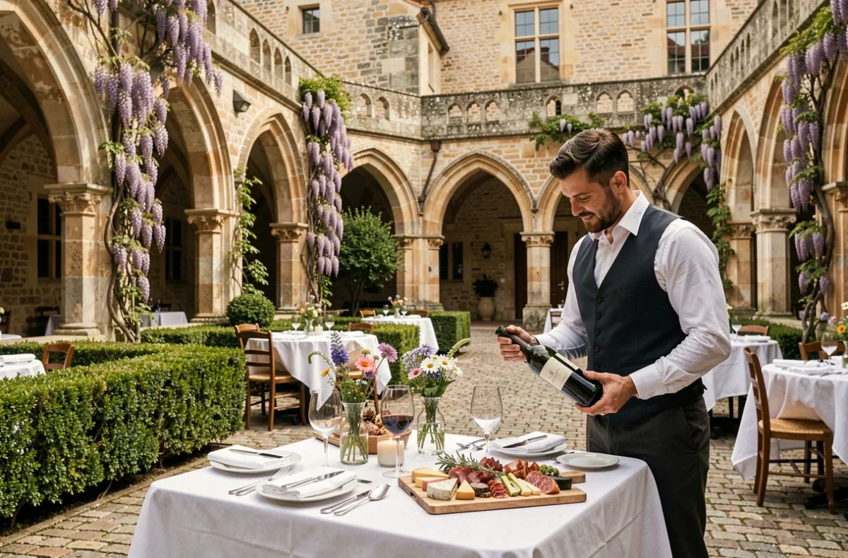 Cour de l'Hostellerie de l'Abbaye de La Celle en Provence verte avec service gastronomique en terrasse historique