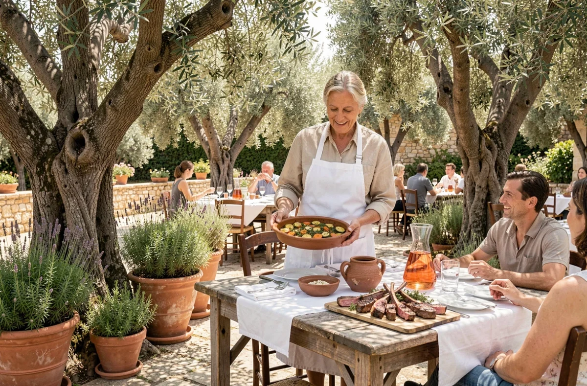 Terrasse provençale du restaurant La Verdoyante à Gassin avec cuisine traditionnelle sous les oliviers