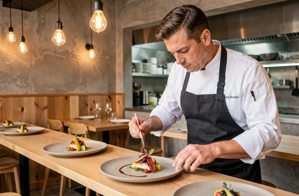 Chef du restaurant Le Pastel à Toulon finalisant un plat de cuisine d'auteur contemporaine
