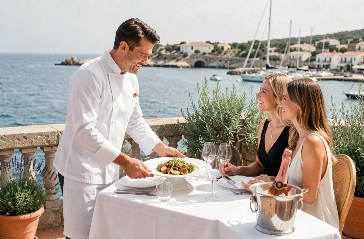 Restaurant étoilé Les Oliviers à Bandol avec vue sur la baie et service gastronomique en terrasse