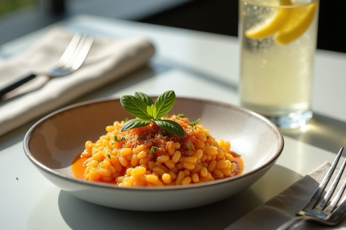 Risotto crémeux au chorizo avec eau gazeuse au citron