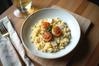 Risotto aux Saint-Jacques façon Cyril Lignac dans une assiette blanche avec parmesan râpé et vin blanc