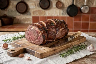 Rôti de bœuf de 1 kg doré et croustillant reposant sur une planche à découper en bois rustique avec romarin frais et ail, dans une cuisine campagnarde française