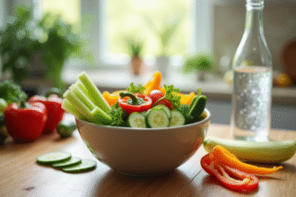 Salade de légumes frais avec eau gazeuse citronnée