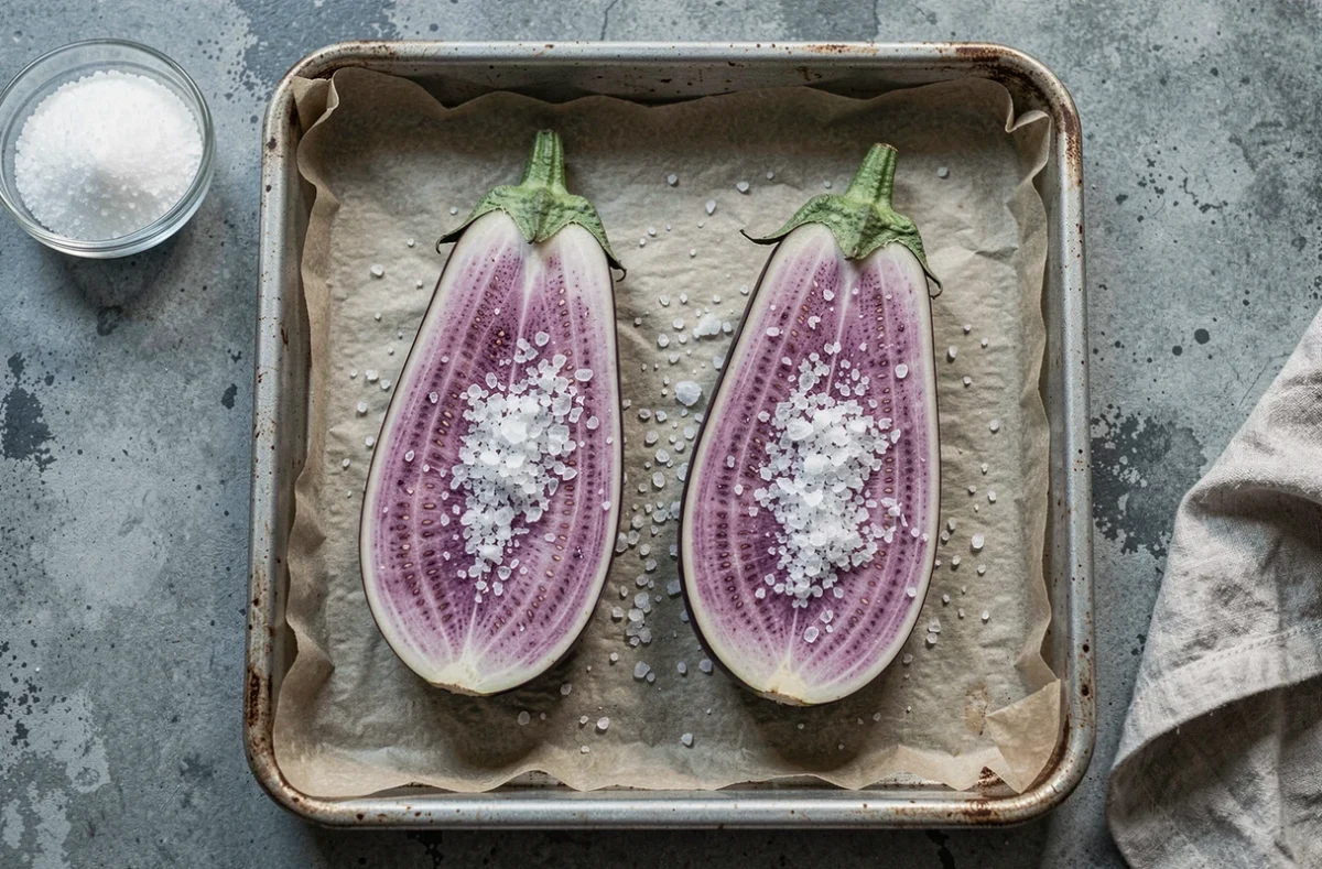 Aubergines coupées en deux salées avec du gros sel sur une plaque de cuisson avant d'aller au four
