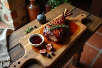 Magret de canard tranché avec sauce au vin et figues sur une planche en bois rustique, cuisine du Sud-Ouest français