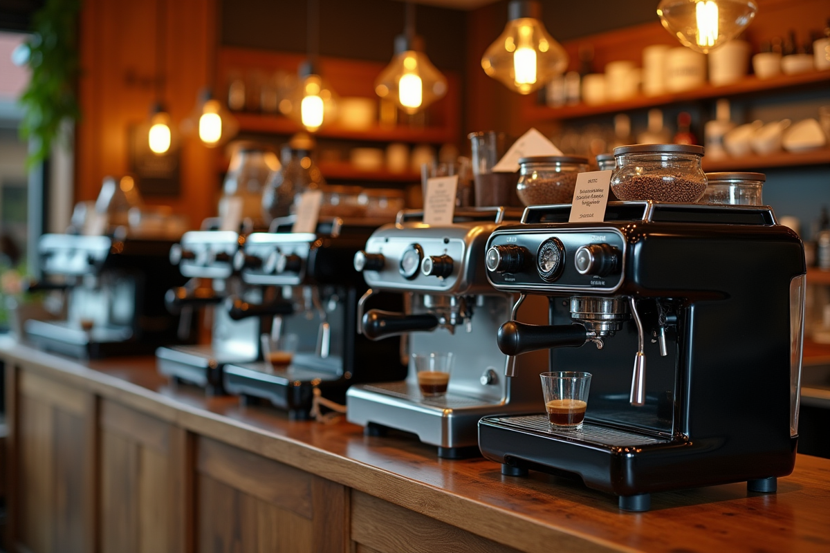 Variété de machines à café en boutique chaleureuse