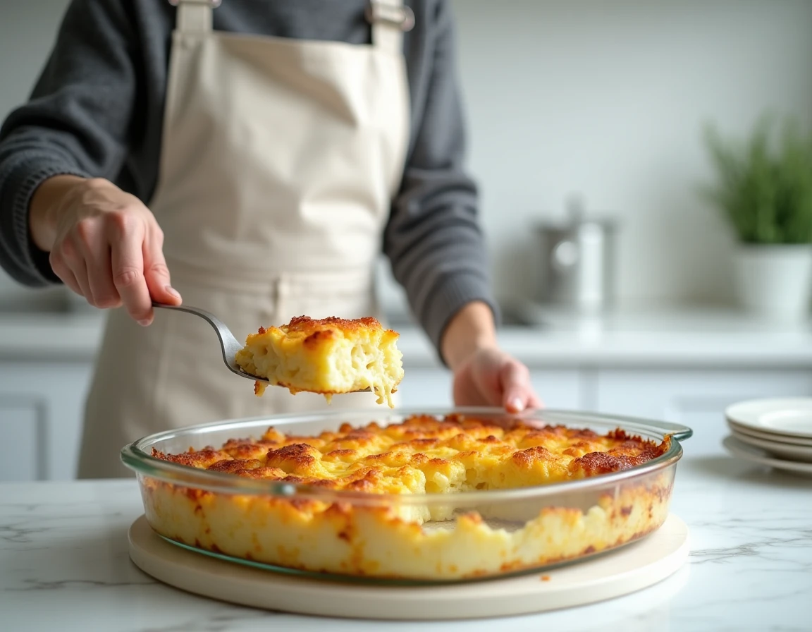 Femme servant une portion de gratin chou-fleur pomme de terre fumant dans une cuisine moderne