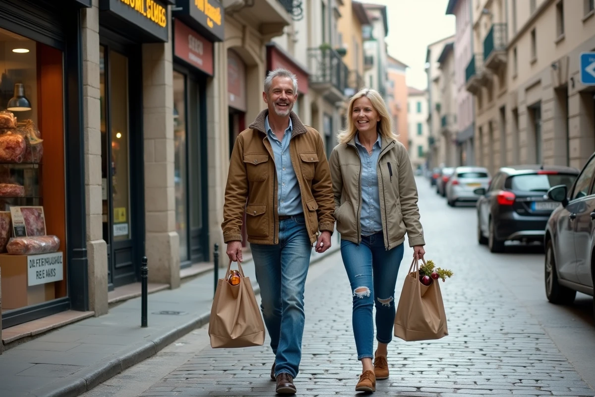 Couple faisant leurs courses frontalières à Dancharia avec sacs remplis de vins et victuailles