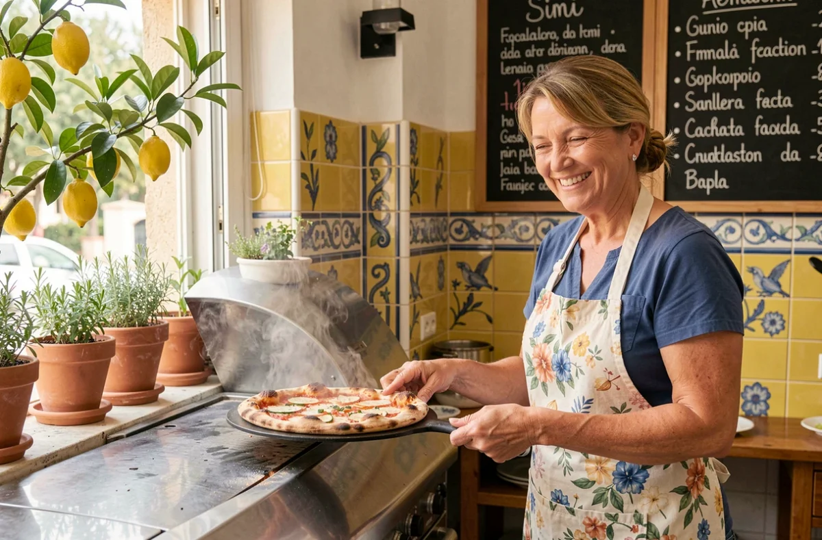 Pizzaïola de la pizzeria Sini à Menton souriant en sortant une pizza du four à bois avec des citrons et herbes sur le rebord de fenêtre