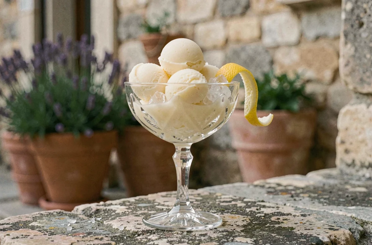 Sorbet au citron dans une coupe en cristal vintage sur une terrasse en pierre provençale