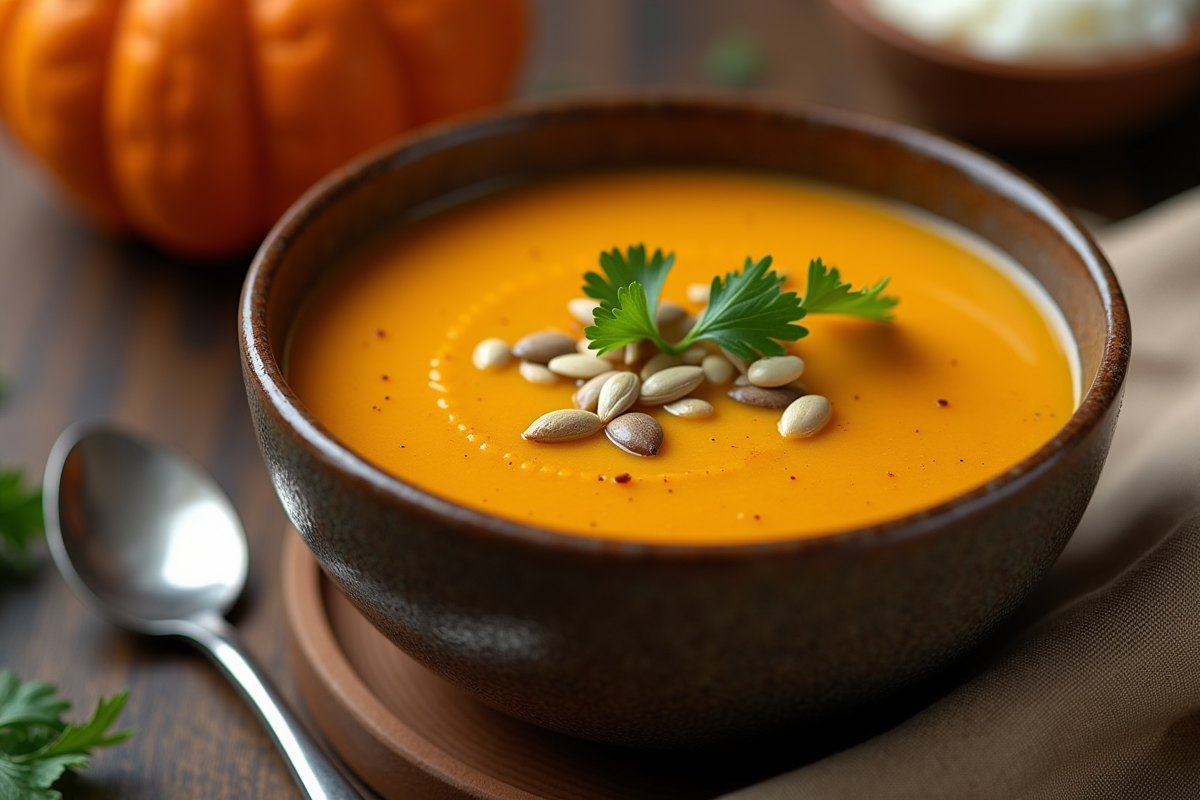 Soupe de citrouille servie dans un bol en céramique avec graines