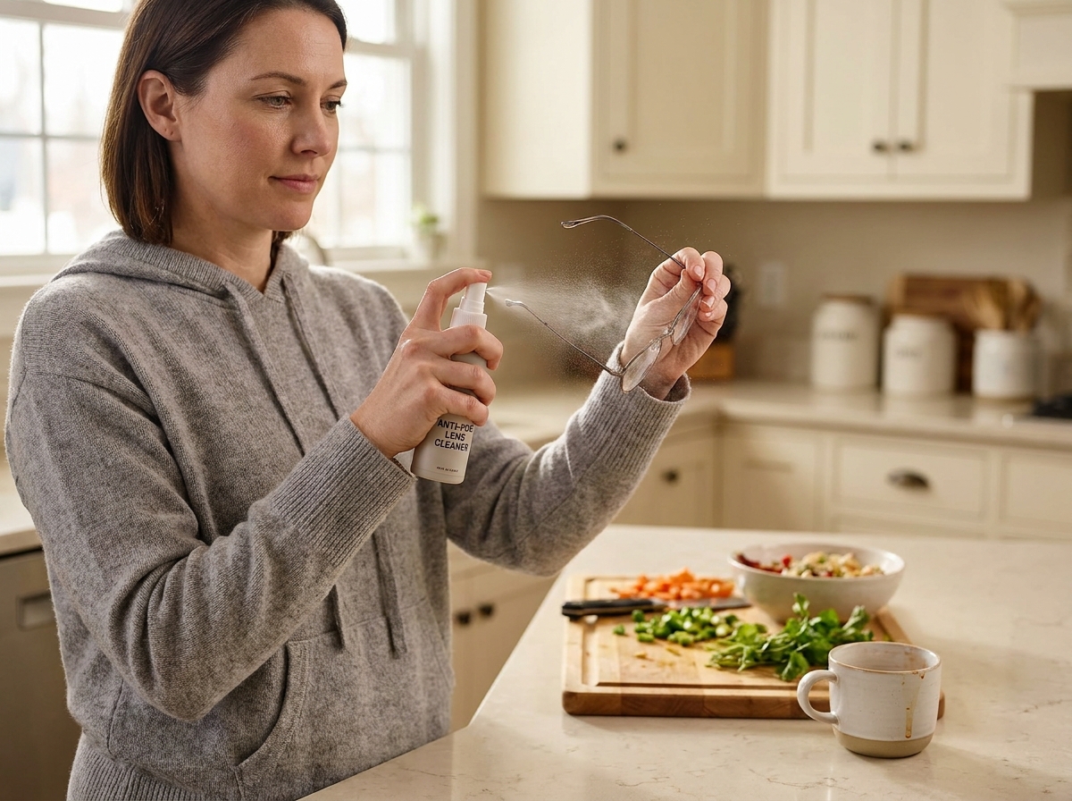 Femme appliquant un spray antibuée sur ses lunettes avant de cuisiner dans une cuisine moderne