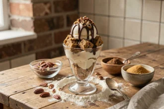 Sundae maison avec boules de glace vanille et topping de cookie dough maison dans un verre en cuisine rustique