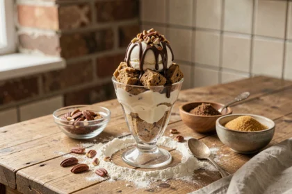 Sundae maison avec boules de glace vanille et topping de cookie dough maison dans un verre en cuisine rustique
