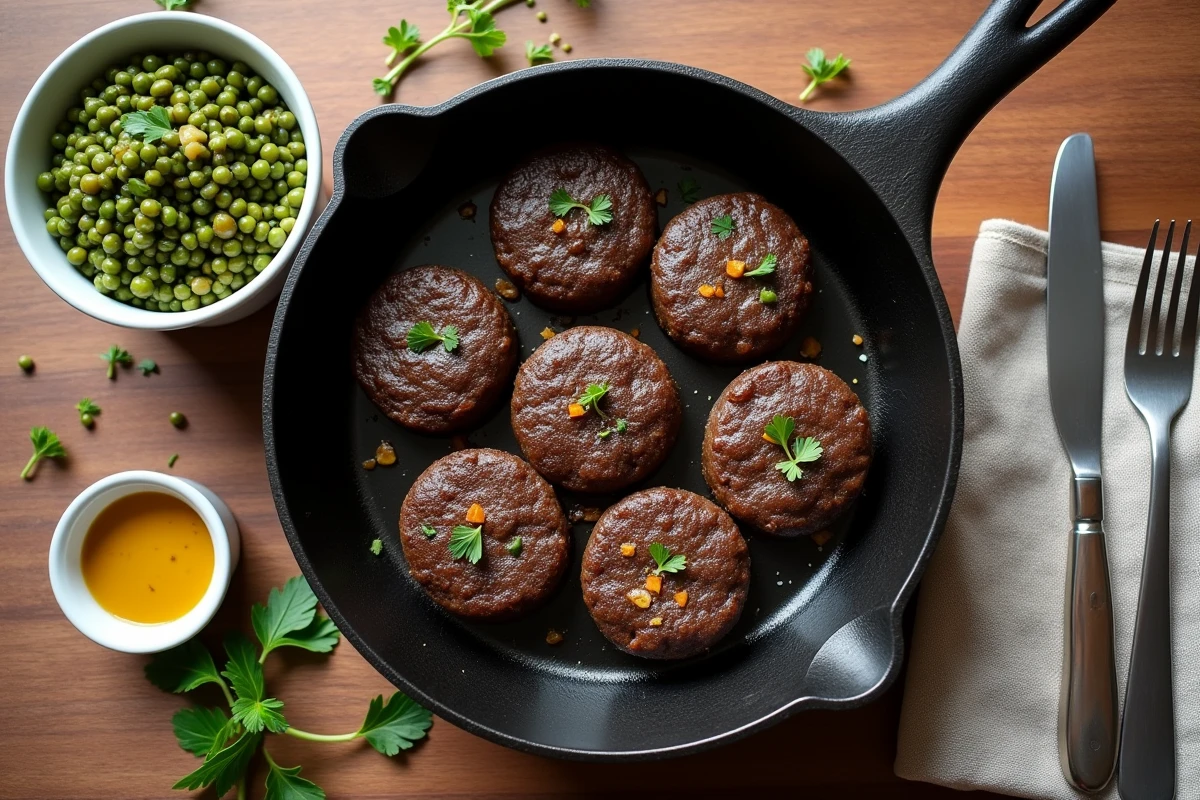 Vue de dessus d'une table rustique avec une poêle en fonte de boudin noir et un bol de lentilles vertes persillées, présentation conviviale de repas healthy