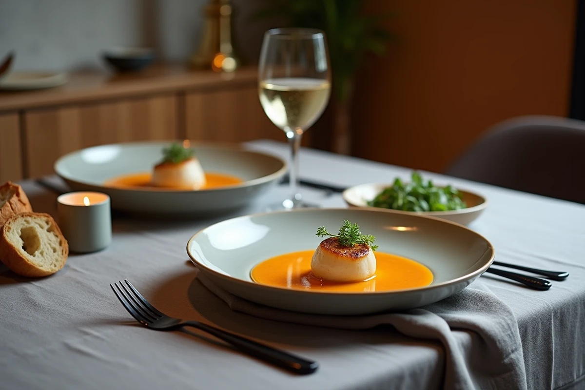 Table dressée avec des coquilles Saint-Jacques sur velouté de butternut dans des bols larges, accompagnement chic et économique pour un dîner raffiné à deux