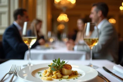 Table élégante dressée pour un déjeuner d'affaires raffiné dans un restaurant parisien près de la rue de Rivoli, avec nappe en lin blanc, argenterie polie et assiette gastronomique soigneusement présentée