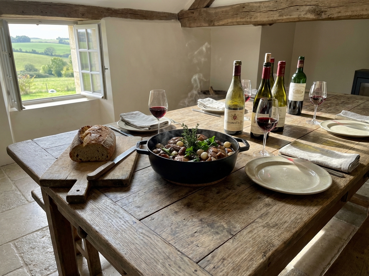 Table de ferme avec coq au vin et vins français