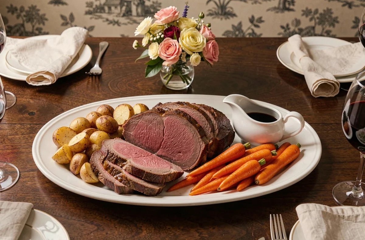 Table de fête avec plateau de rôti de bœuf tranché, pommes de terre rôties, carottes glacées et saucière sur une table en chêne dans une salle à manger française