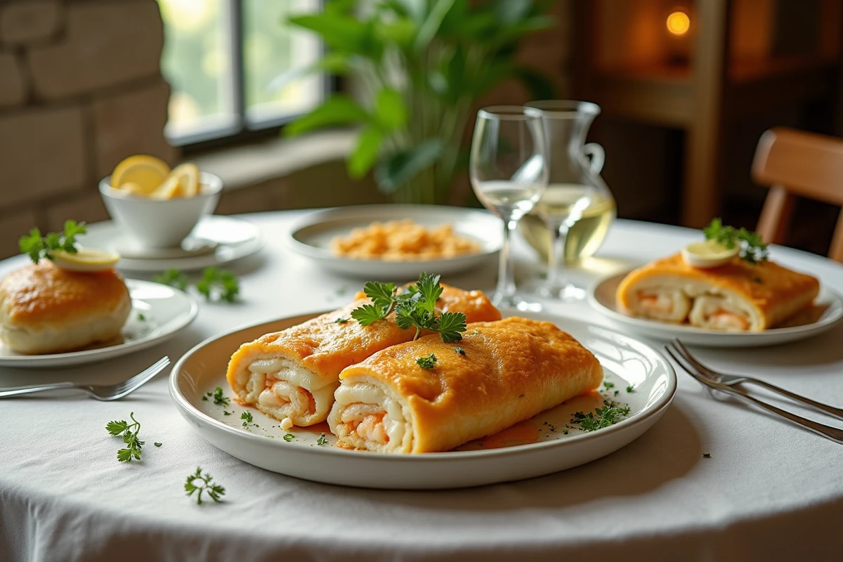 Table élégante avec pastilla de fruits de mer tranchée et décorations naturelles