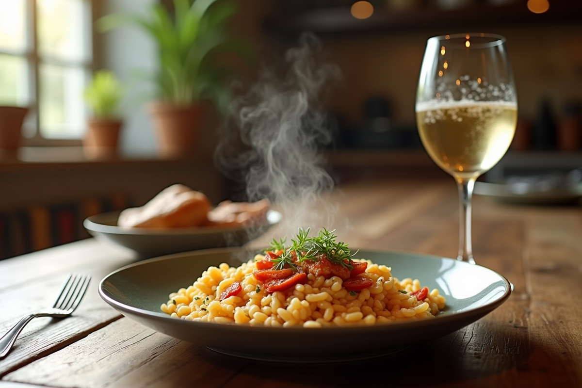Table rustique avec risotto au chorizo et vin blanc