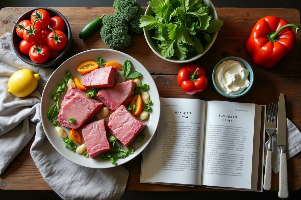 Table rustique avec veau et livre de recette maison