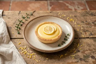 Tarte au citron maison sur une table en bois rustique avec zestes et brins de thym frais