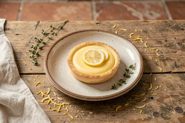 Tarte au citron maison sur une table en bois rustique avec zestes et brins de thym frais