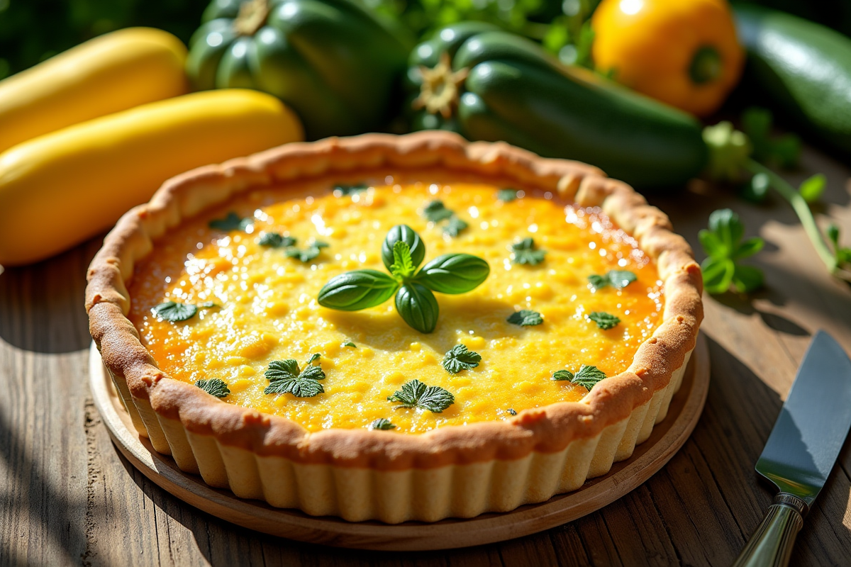 Tarte zucchini jaune servie en extérieur avec herbes fraîches