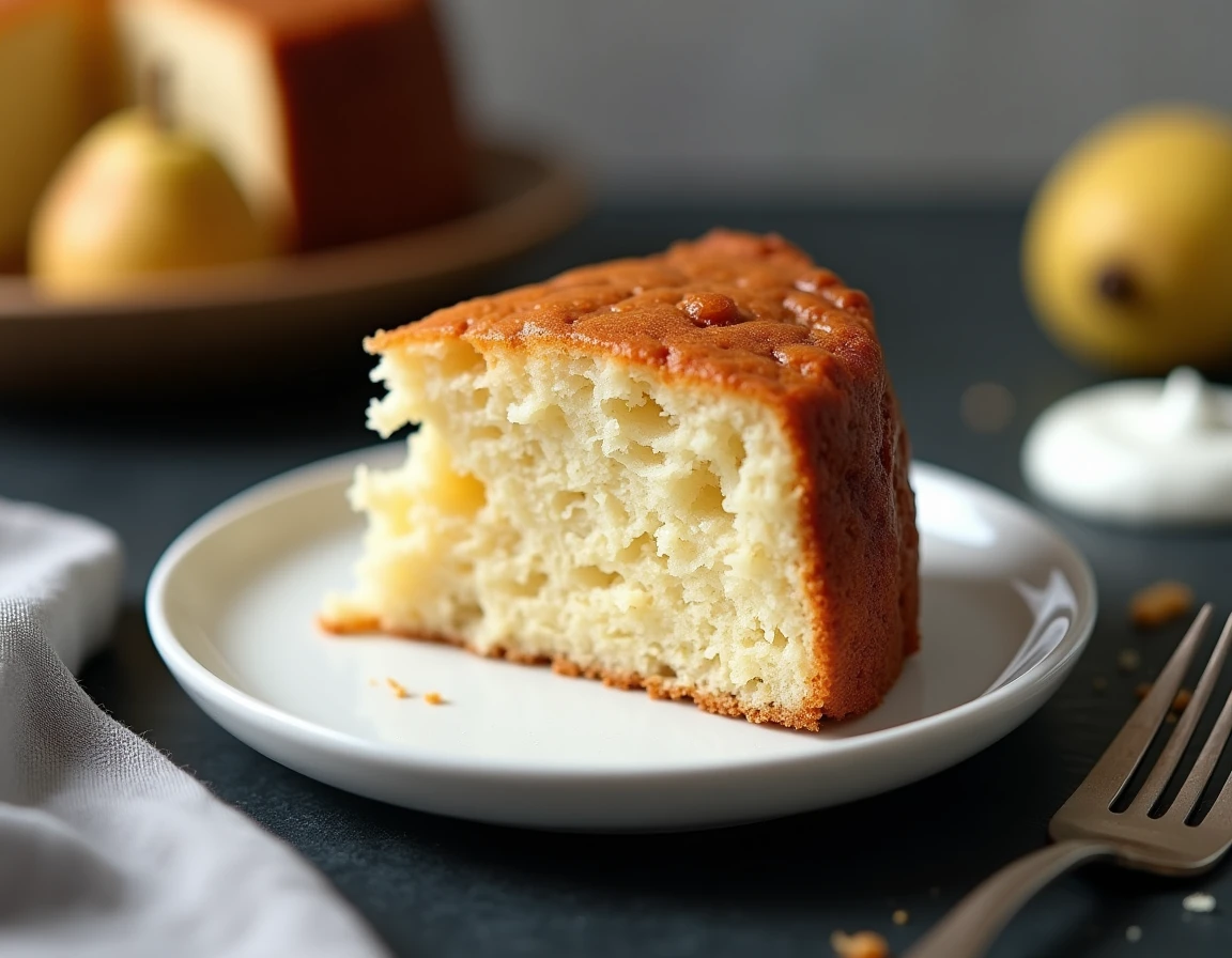 Tranche de gâteau poire yaourt moelleux révélant une mie fondante avec des morceaux de poire sur une assiette en porcelaine