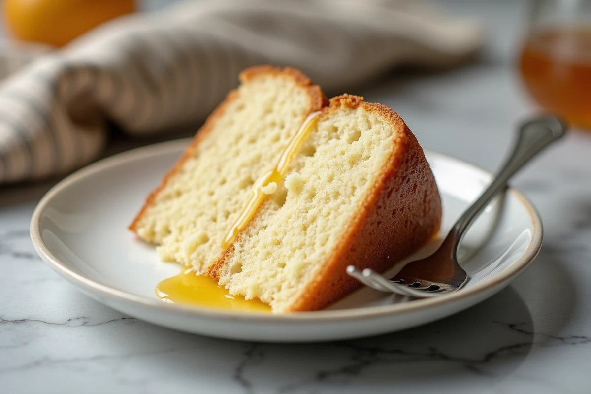Tranche de gâteau au yaourt fondant révélant une mie moelleuse avec un filet de miel sur assiette en porcelaine vintage