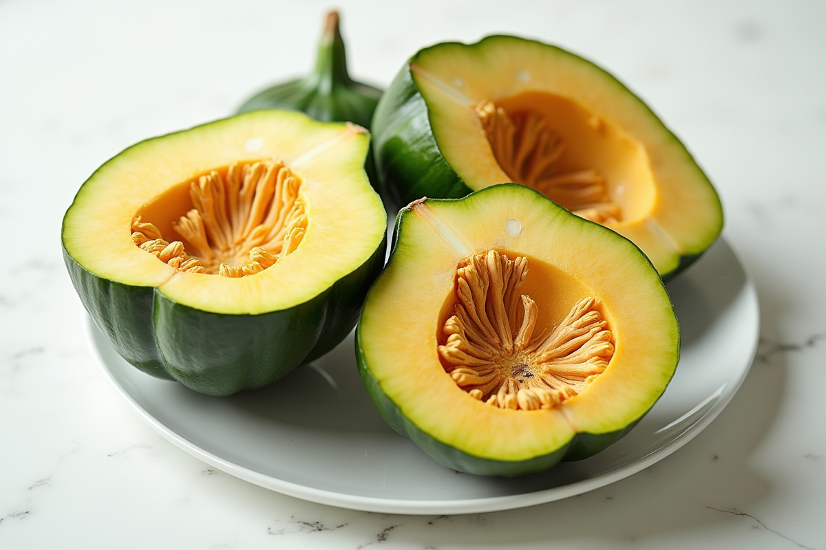 Tranches de citrouille verte avec graines sur un plan de travail blanc